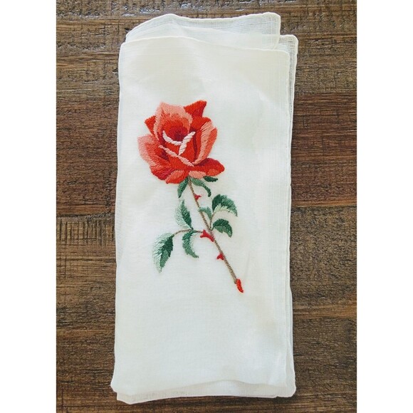 Accessories - VTG White Handkerchief Embroidered Long Stemmed Red & Pink Rose